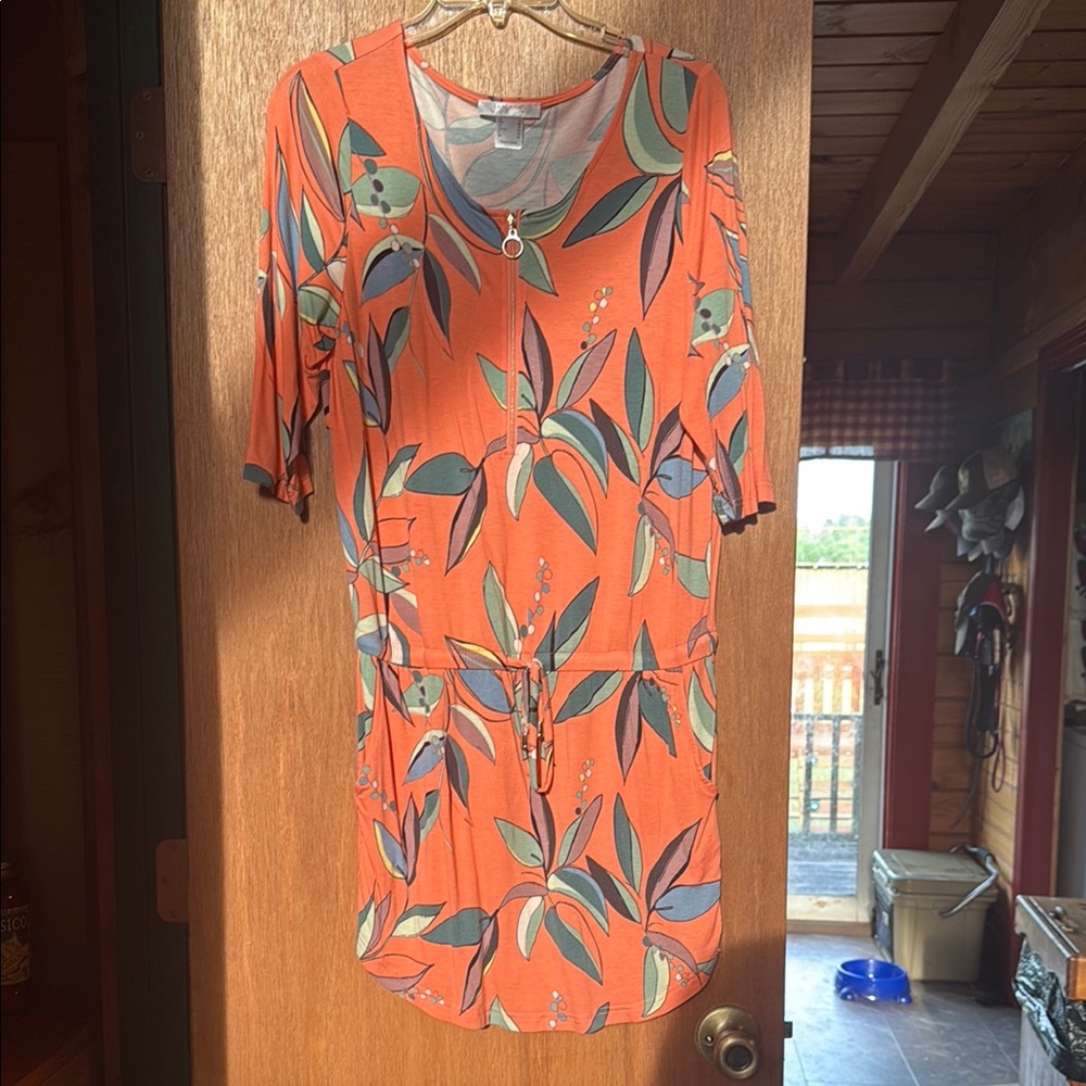 Orange Leaf Print Cover Up Dress